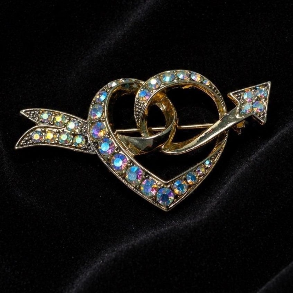 Gold Tone Heart Arrow Brooch Aurora Borealis Rhinestones Statement Pin 2"